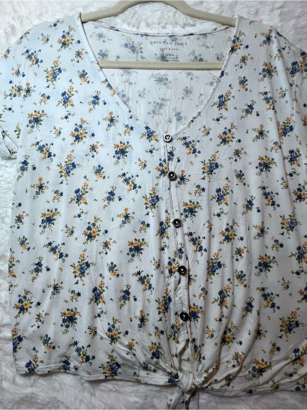 American Eagle Outfitters Cream Top with Blue and Brown Floral Accent